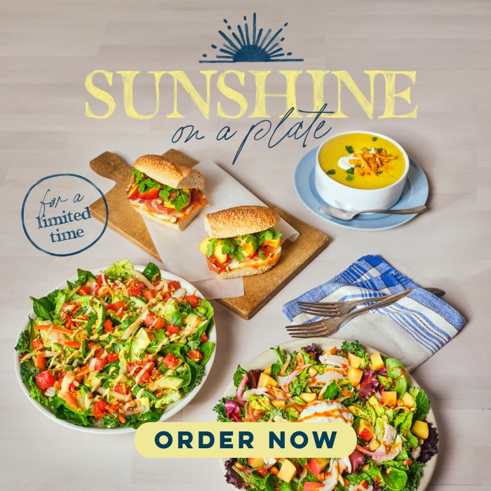 Sunshine on a Plate - Two salads, two sandwich halves, and a bowl of soup
